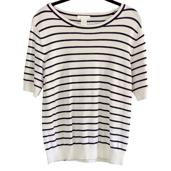 H&M Cream Black Breton Stripe Fine Knit Sweater Top M Coastal Nautical Classic - Picture 1 of 8